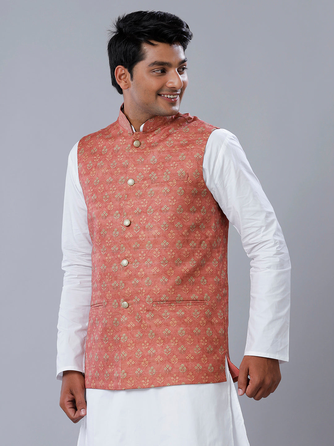 Mens Flower Printed Ethnic Jacket Pink JC2-Side view