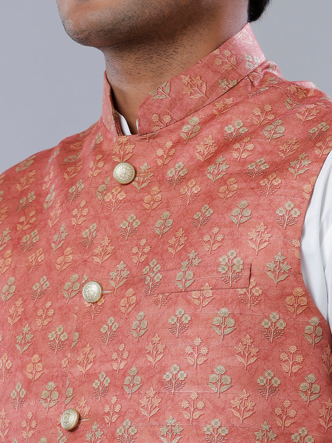 Mens Flower Printed Ethnic Jacket Pink JC2-Zoom view