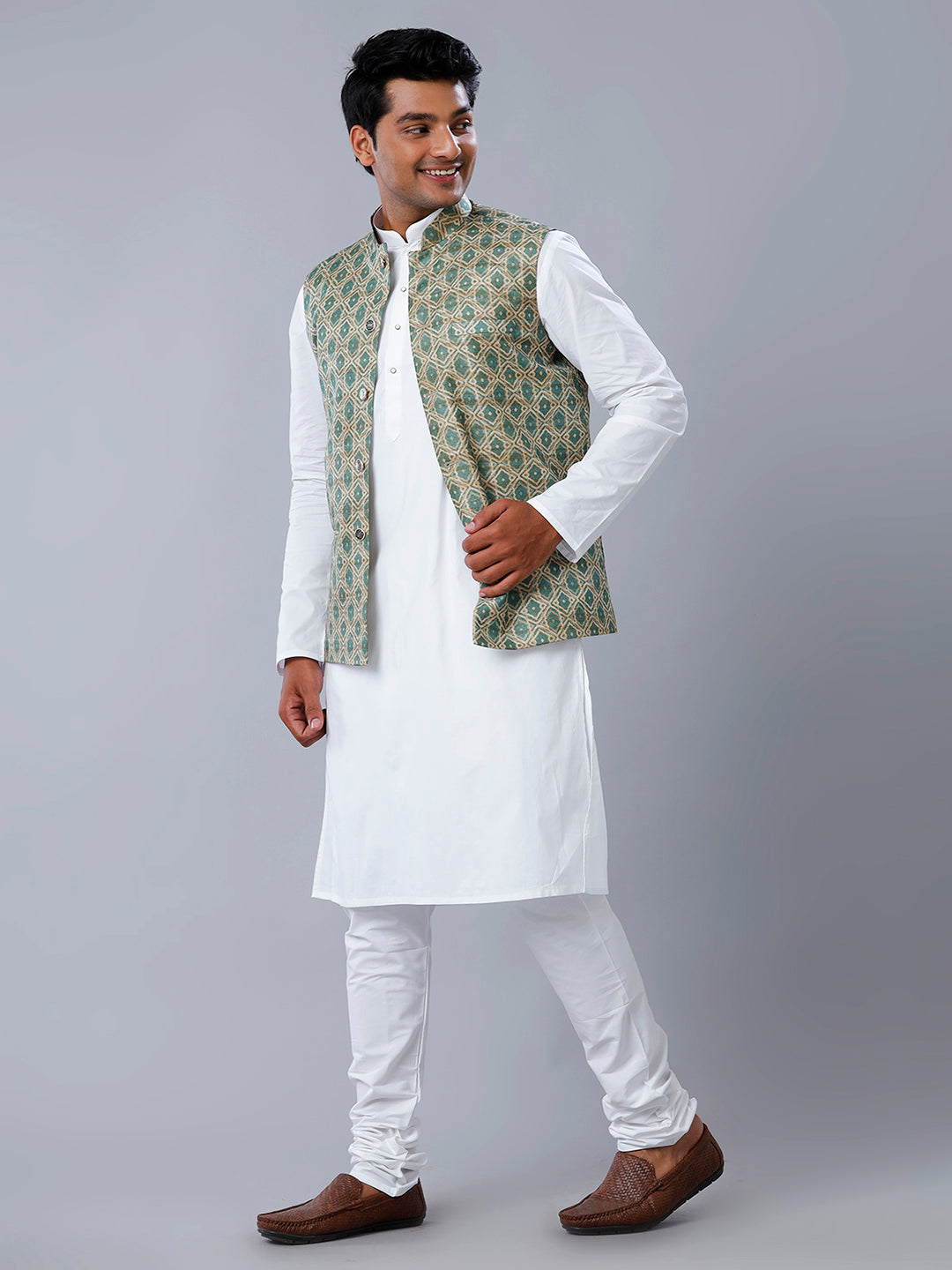 Mens Printed Ethnic Jacket Green & Sandal JC3-Full view