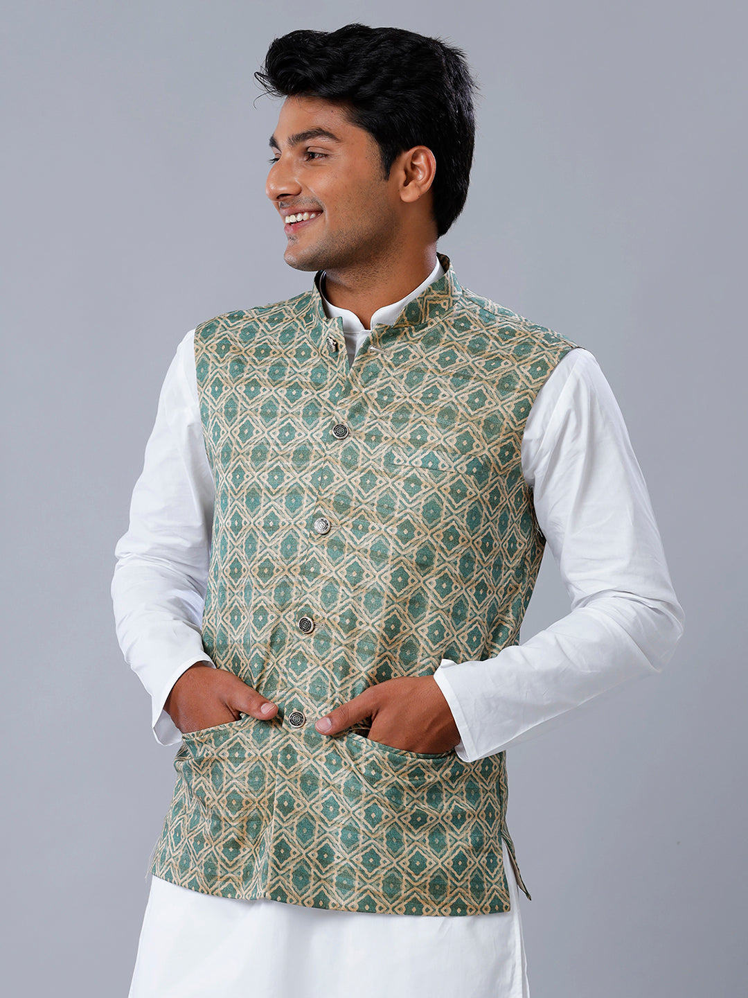 Mens Printed Ethnic Jacket Green & Sandal JC3-Side view