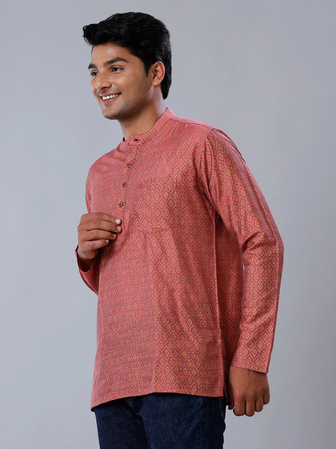 Mens Cotton Pink Short Length Kurta RB2-Side view