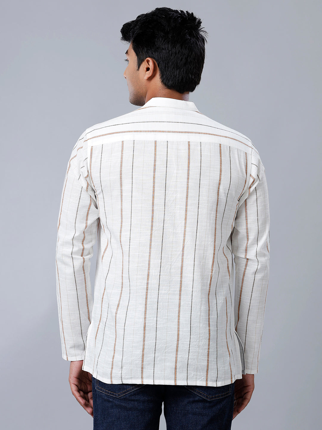 Mens Cotton Off White & Brown Striped Short Length Kurta J20-Back view