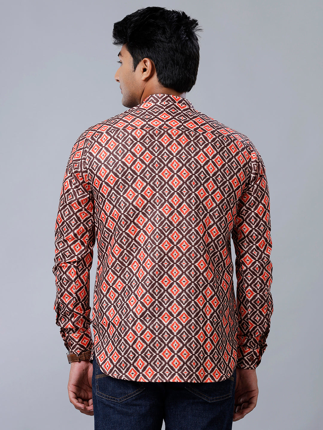Mens Cotton Brown & Orange Short Length Kurta RB4-Back view
