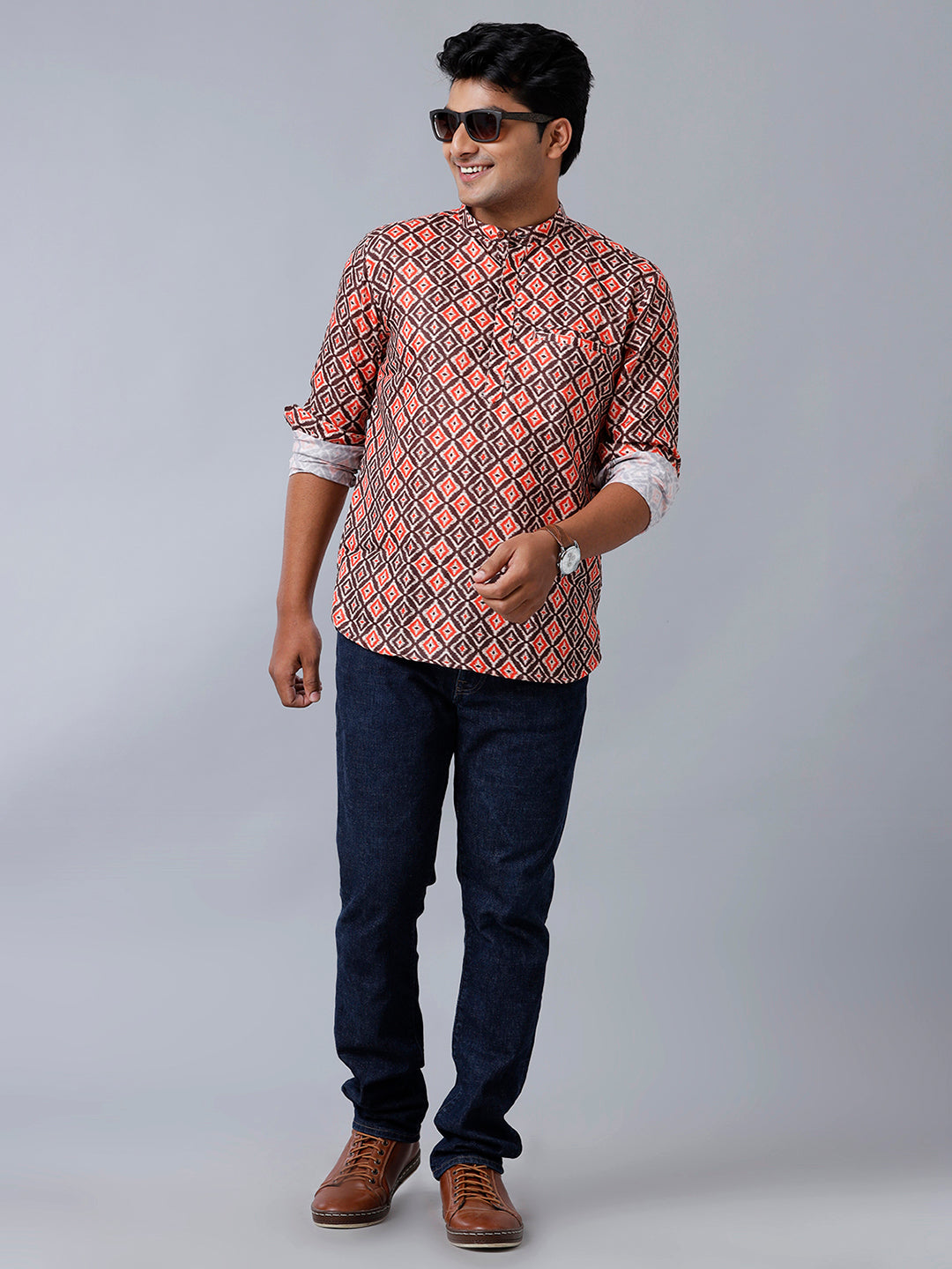 Mens Cotton Brown & Orange Short Length Kurta RB4-Full view