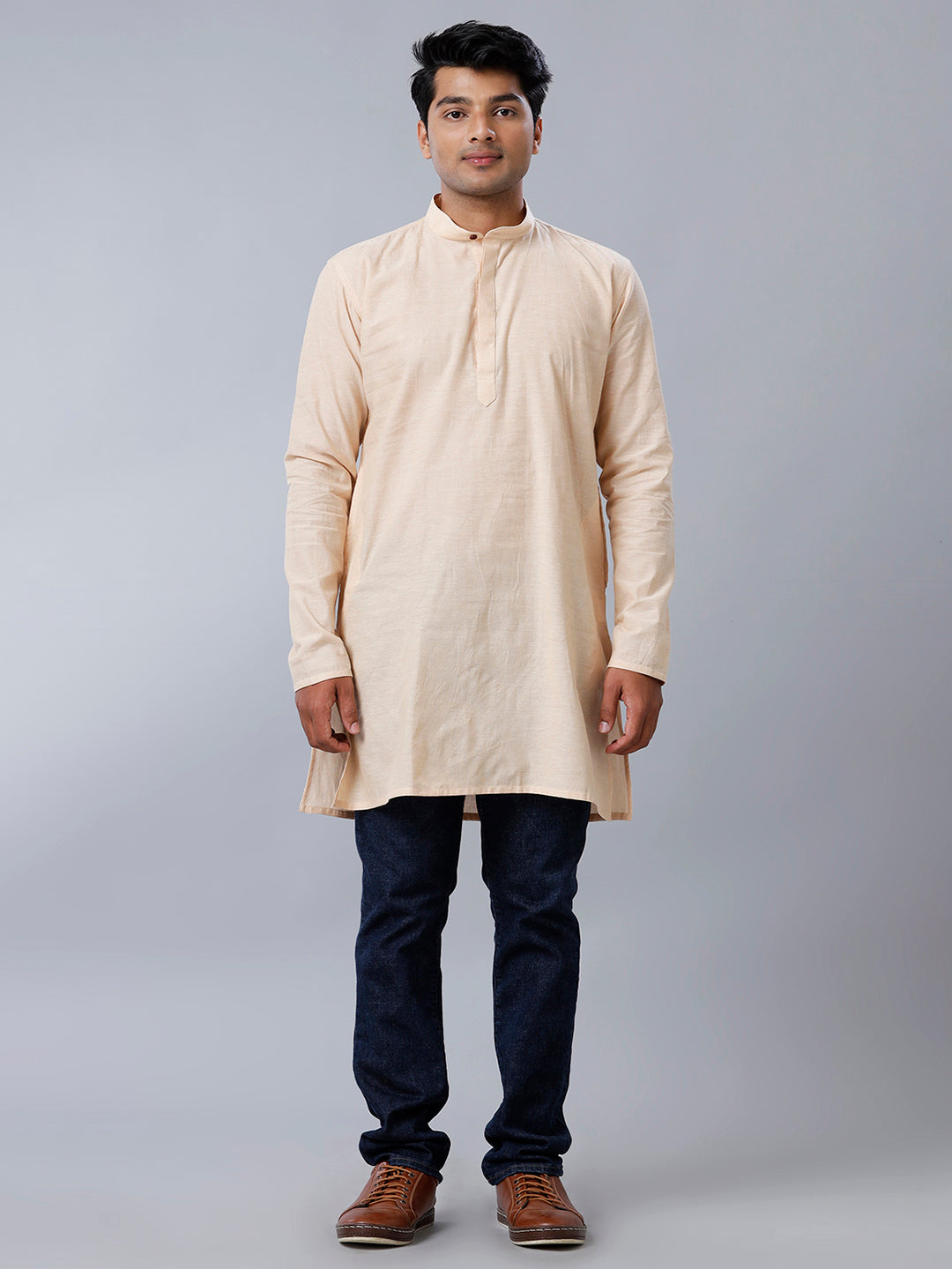 Men Cotton Medium Length Plain Pocket Kurta Sandal J17