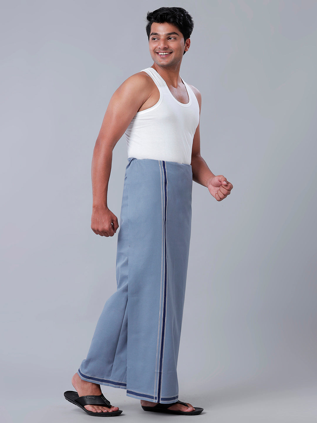 Men Cotton Blend Single Layer Grey Dhoti with Assorted Border Charming Colour 3