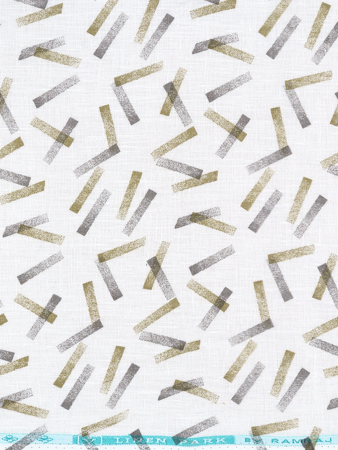 Men 100% European Linen White with Olive Green Printed Shirt Fabric Rainbow