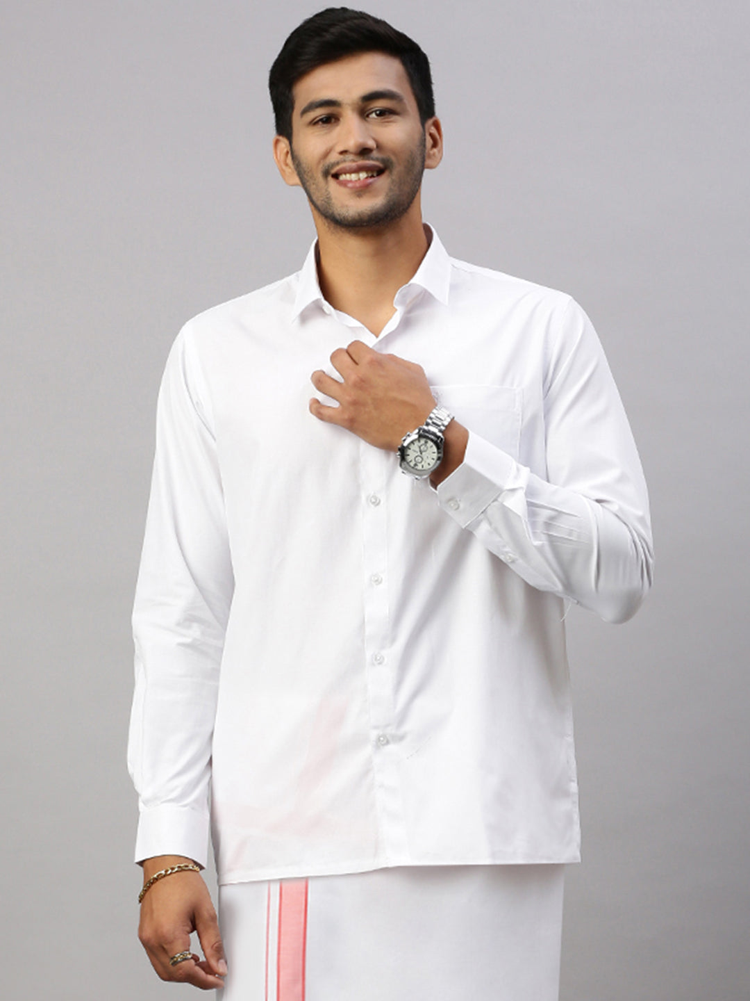 Men White Shirt with Pink Border Single Layer Dhoti Combo WP09