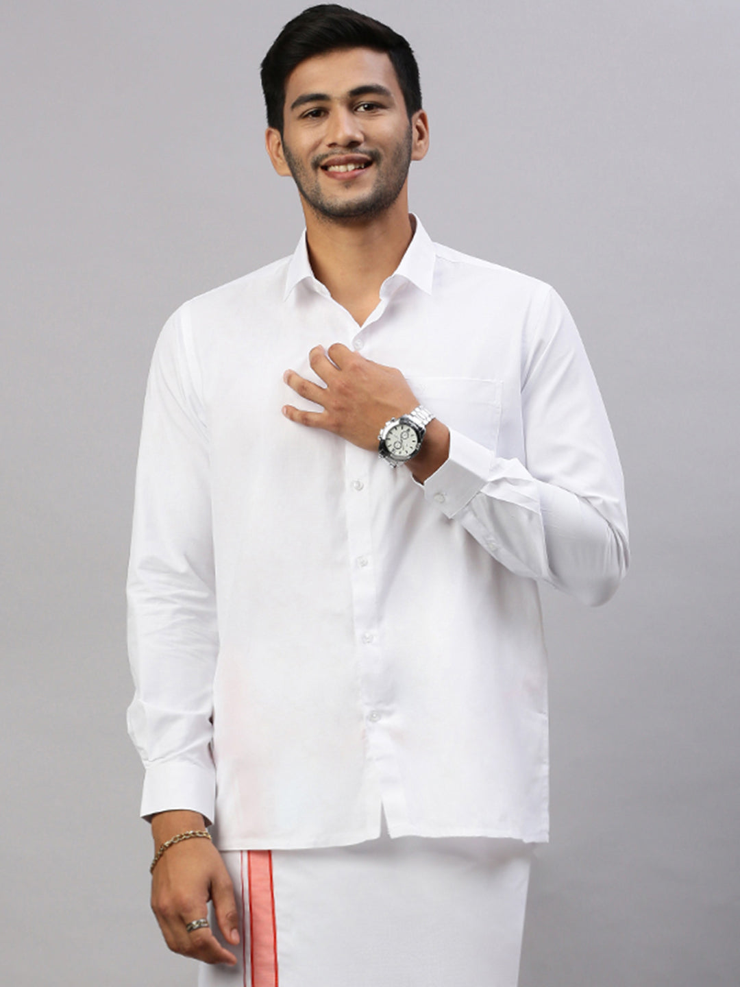 Men White Shirt with Scarlet Orange Border Single Layer Dhoti Combo WP17