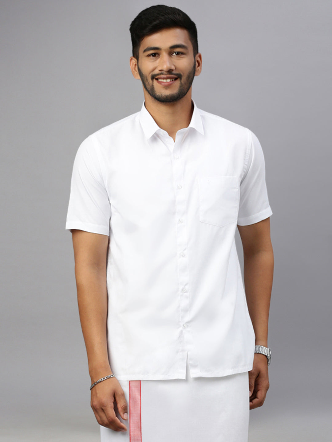 Men White Shirt with Scarlet Orange Border Single Layer Dhoti Combo WP17