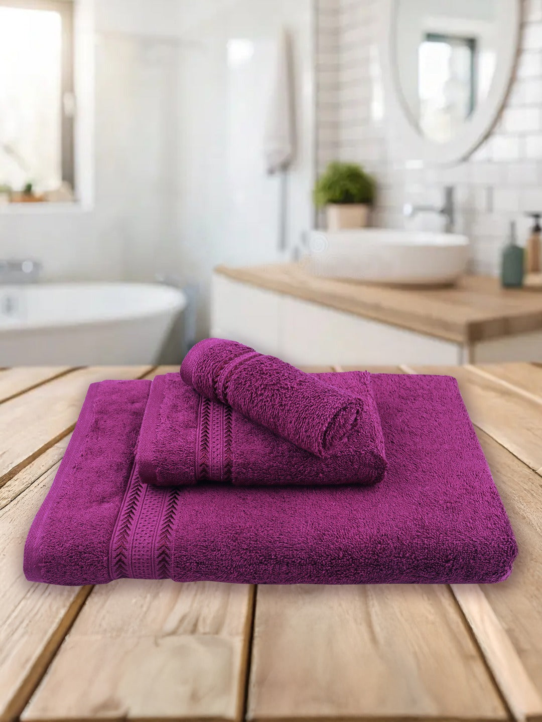 Highly Absorbent & Quick Dry Cotton Bamboo Terry Towel Set – Purple Hand, Face & Bath Towels (Pack of 3)
