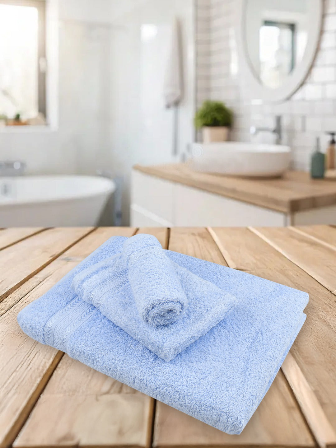 Highly Absorbent & Quick Dry Cotton Bamboo Terry Towel Set – Light Blue Hand, Face & Bath Towels (Pack of 3)