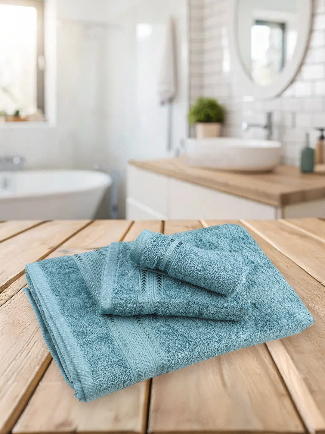 Highly Absorbent & Quick Dry Cotton Bamboo Terry Towel Set – Blue Hand, Face & Bath Towels (Pack of 3)