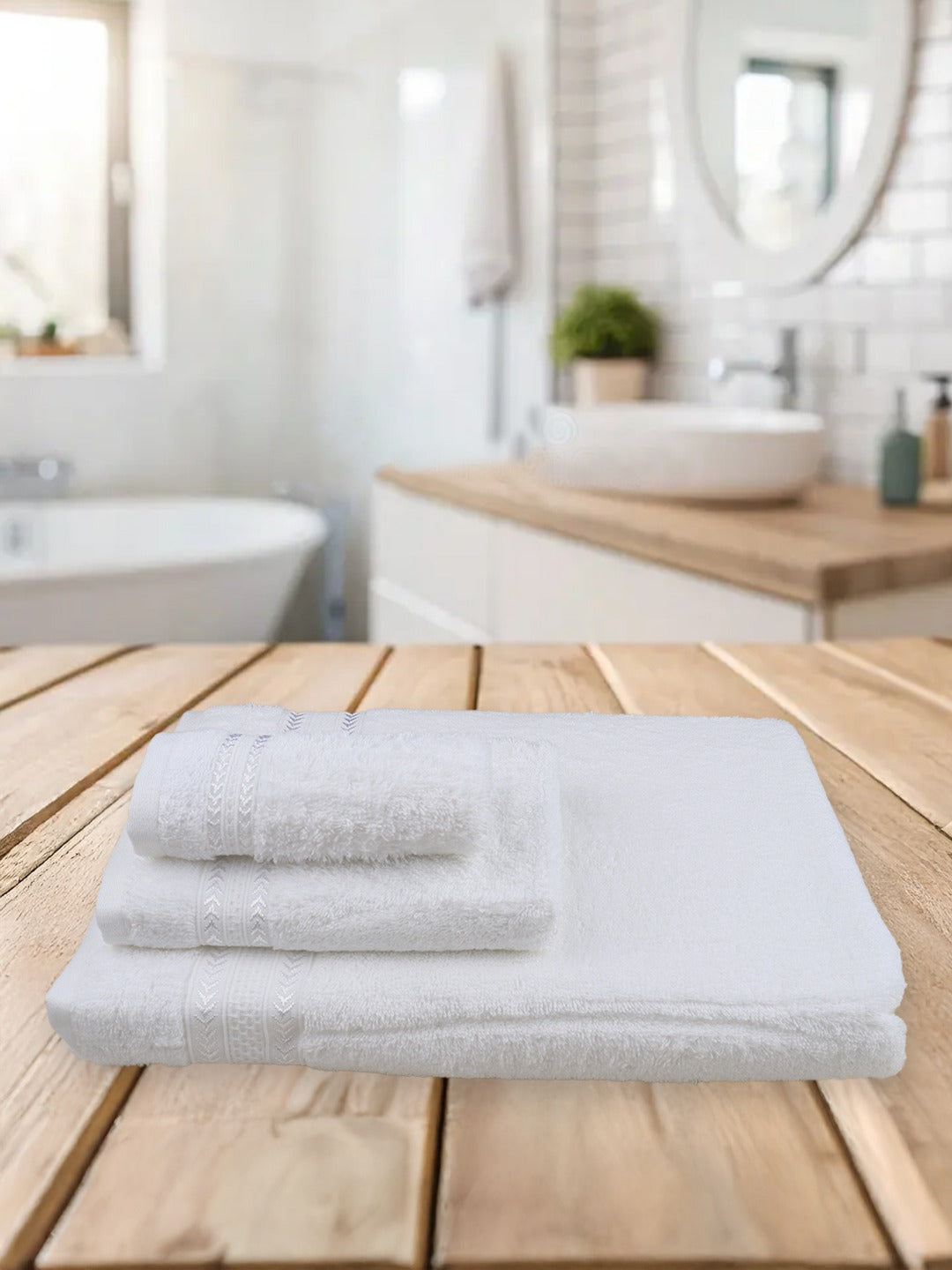 Highly Absorbent & Quick Dry Cotton Bamboo Terry Towel Set – Cream Hand, Face & Bath Towels (Pack of 3)