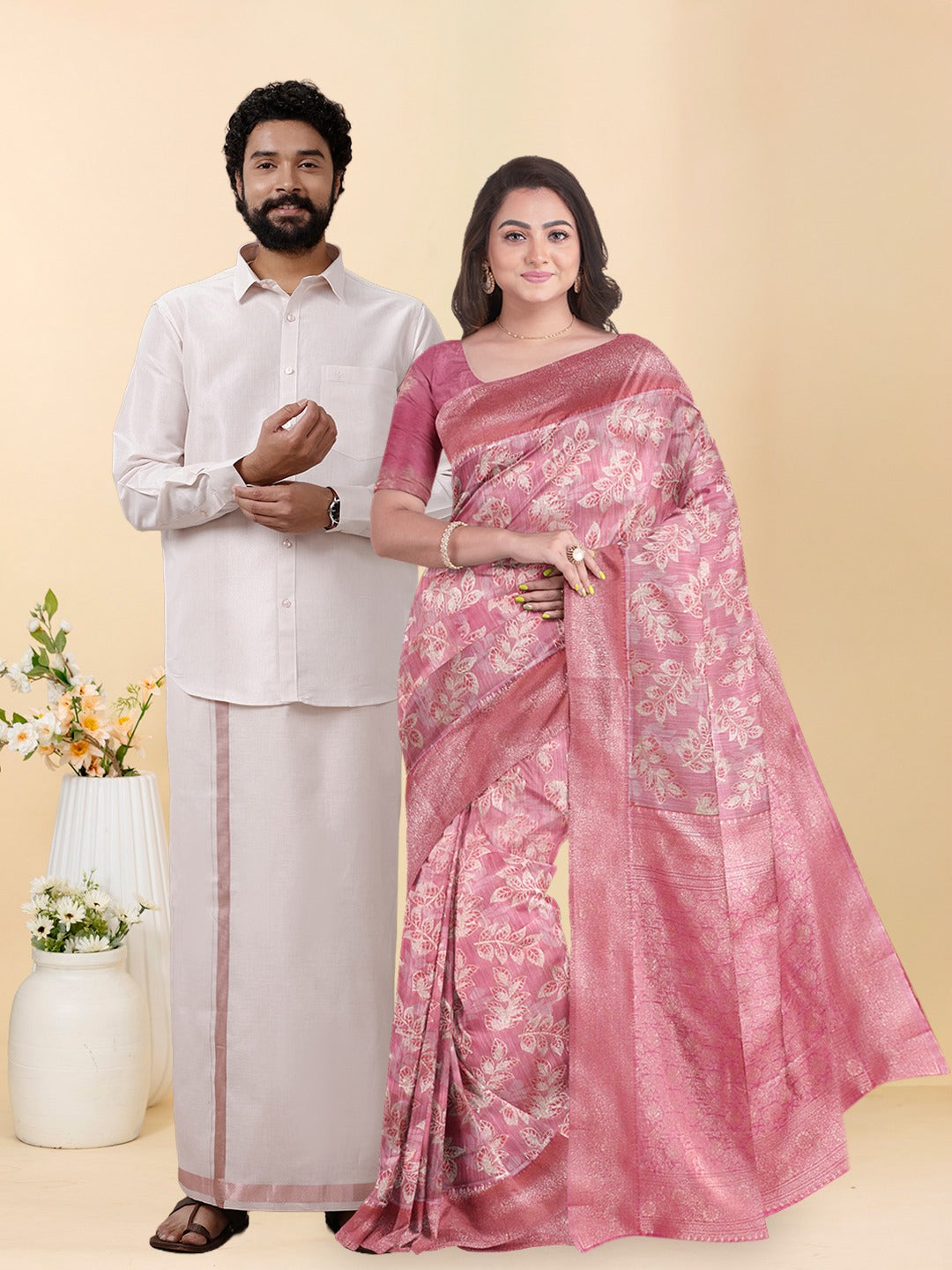 Couple Combo Shirt & Dhoti Set with Saree Rose Gold ASS127