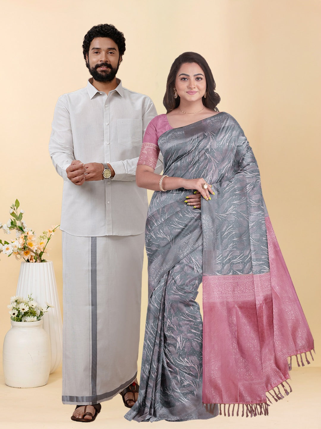 Couple Combo Shirt & Dhoti Set with Saree Steel Grey ASS126