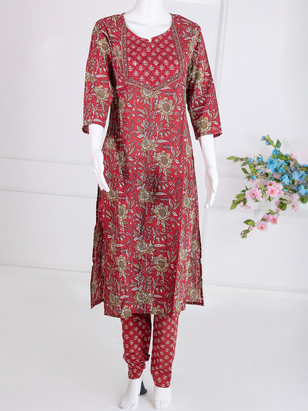 Women Red Cotton Printed Kurti Set EKS83