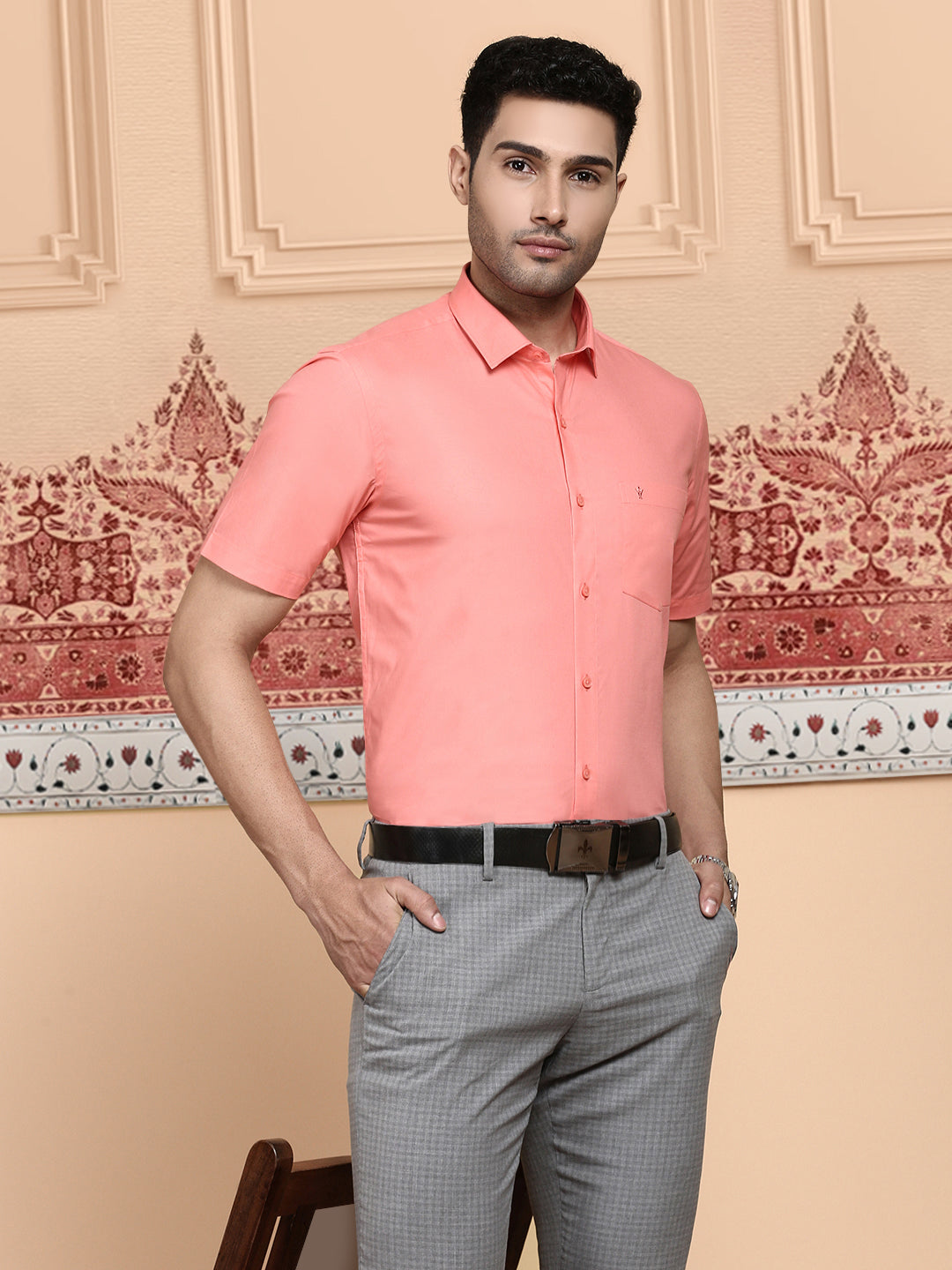 Men Cotton Spandex Shirt 2 Way Stretch Light Pink LY9