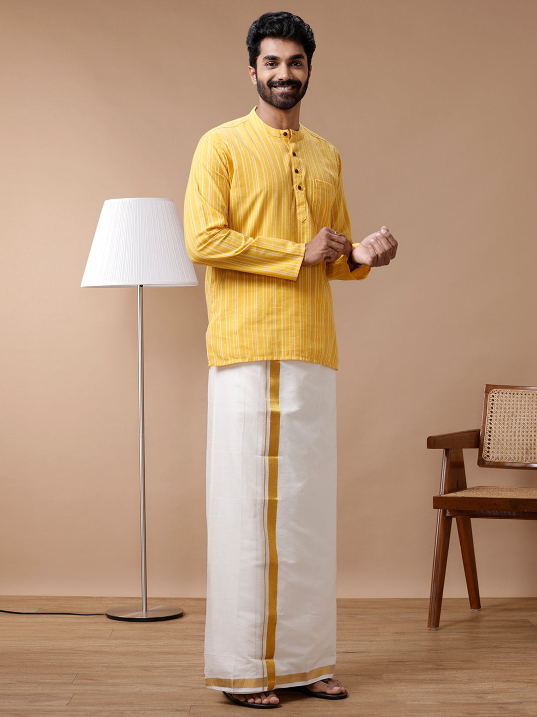 Cotton Short Length Striped Pocket Kurta Yellow PB7
