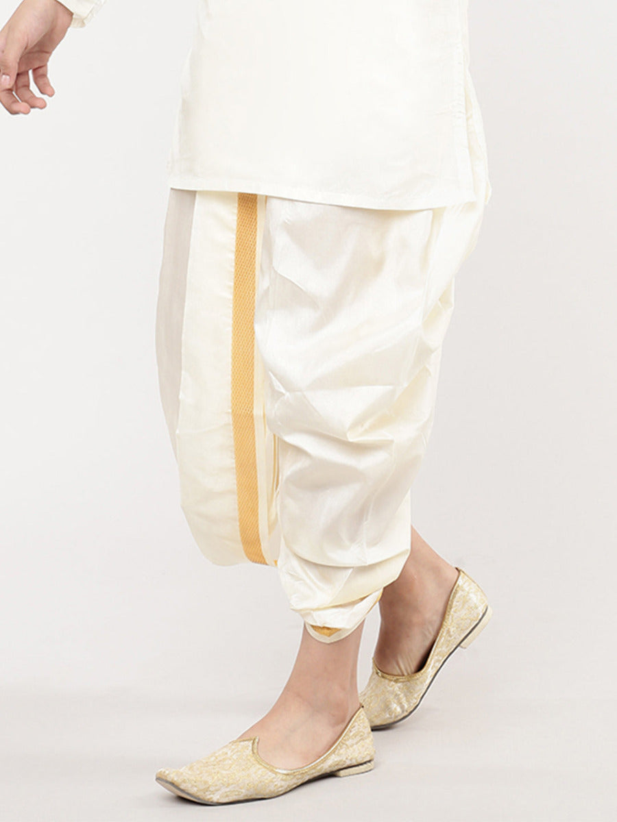 Boys Soft Silk Cream Readymade Panchakacham-Side view