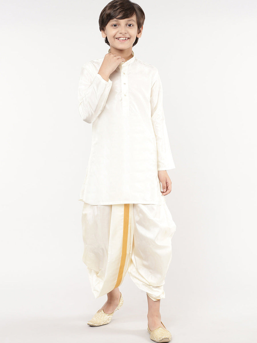 Boys Soft Silk Cream Readymade Panchakacham-Full view
