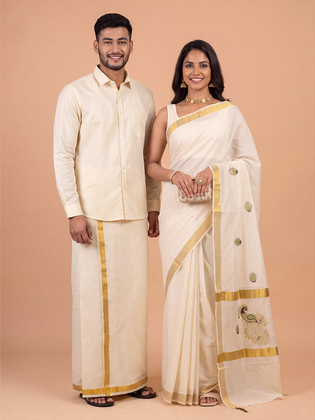 Couple Combo Gold Shirt & Dhoti Set with Saree KLS51