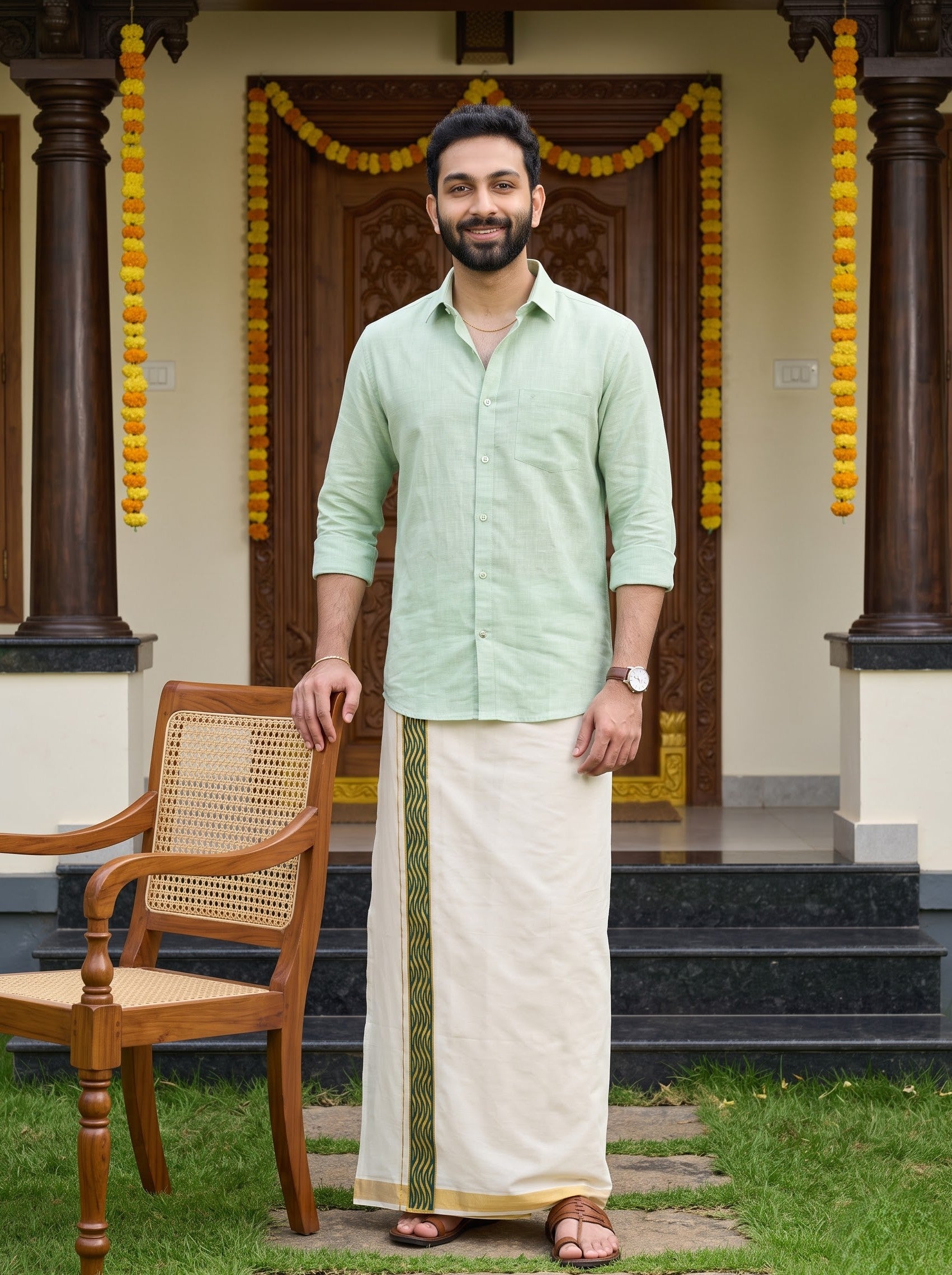 Double Layer Kora Cotton Cream Dhoti with Colour Border - HF Gold HFG02