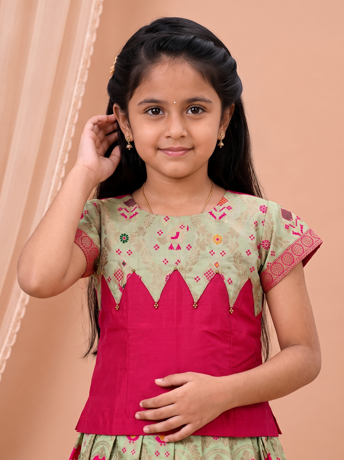 Girls Art Silk Pink with Pista Green Pattu Pavadai Set GPS74
