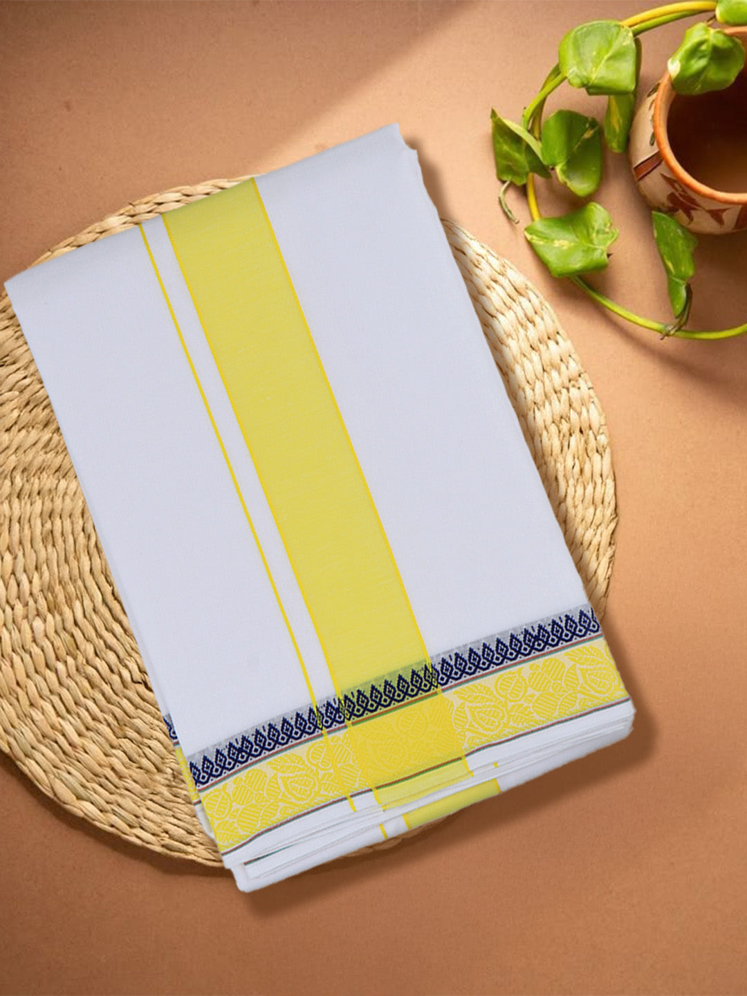 Men Cotton Yellow Fancy Border Panchakacham with Angavasthram (9+5) JD04