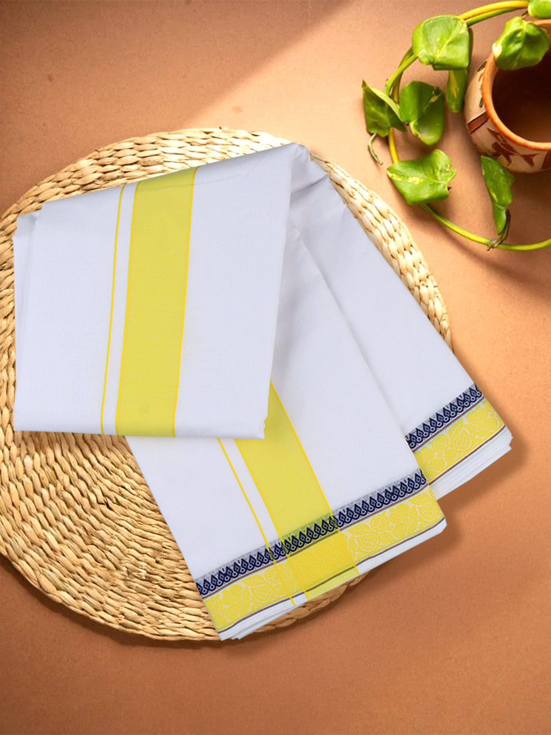 Men Cotton Yellow Fancy Border Panchakacham with Angavasthram (9+5) JD04