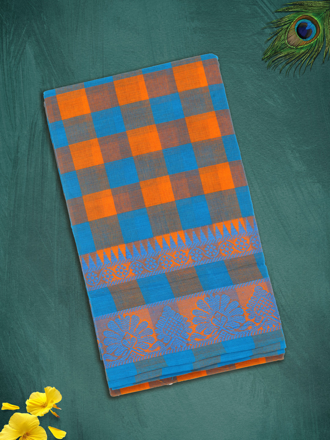 Women Blue with Orange Checks Pure Chettinad Cotton Saree PCS217