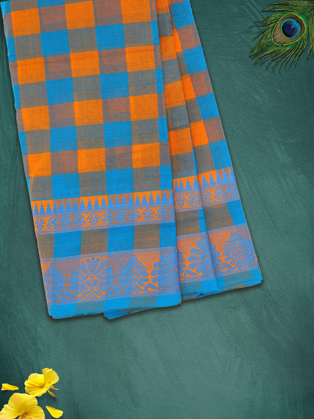 Women Blue with Orange Checks Pure Chettinad Cotton Saree PCS217