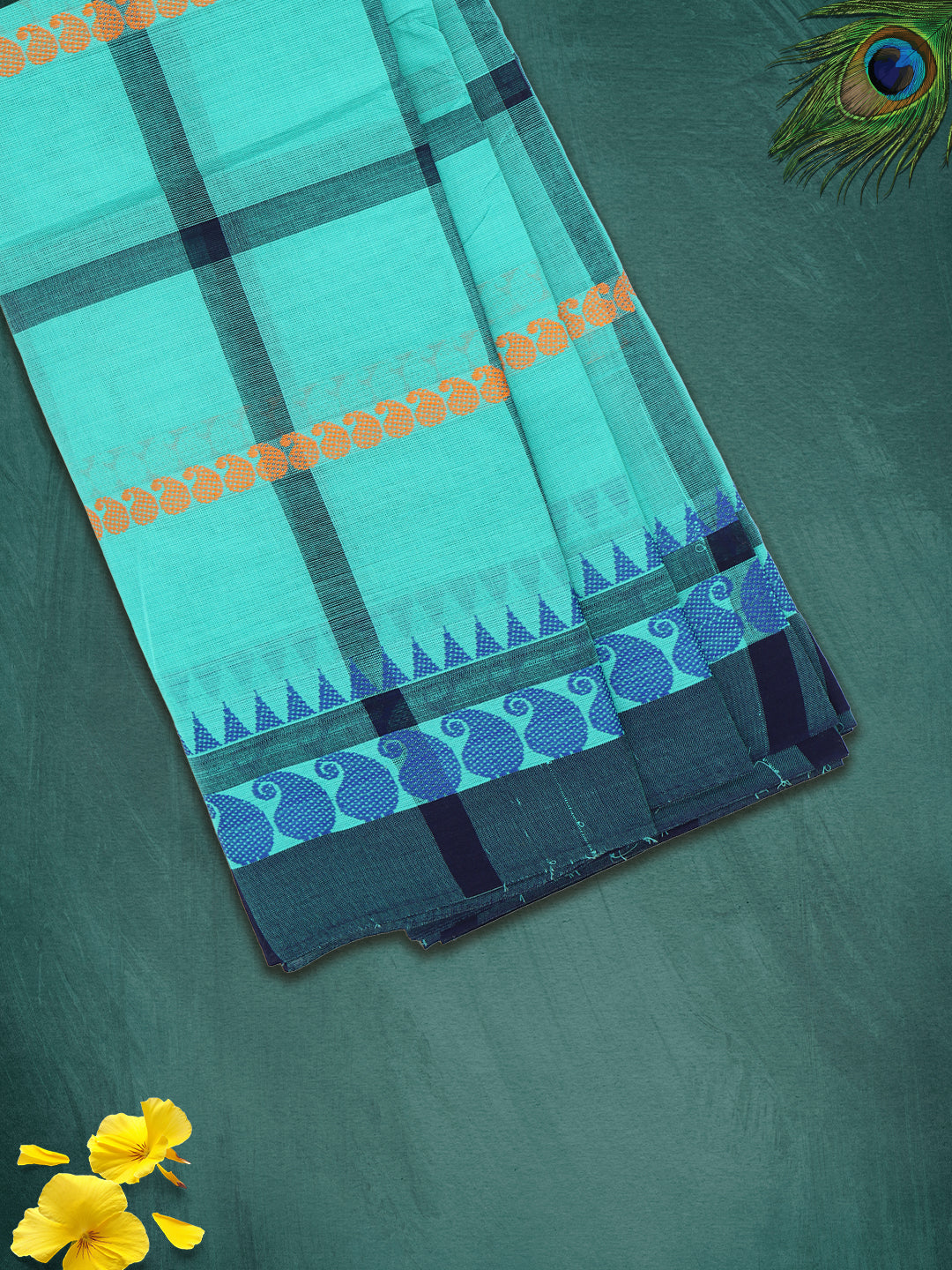 Women Teal Green Checks Pure Chettinad Cotton Saree PCS219