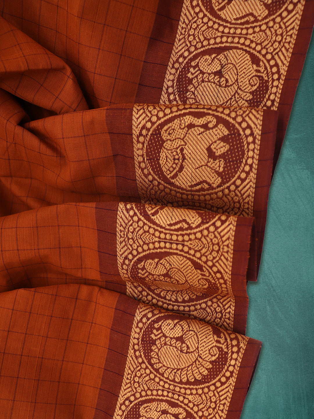 Women Burnt Orange Checks Pure Chettinad Cotton Saree PCS221
