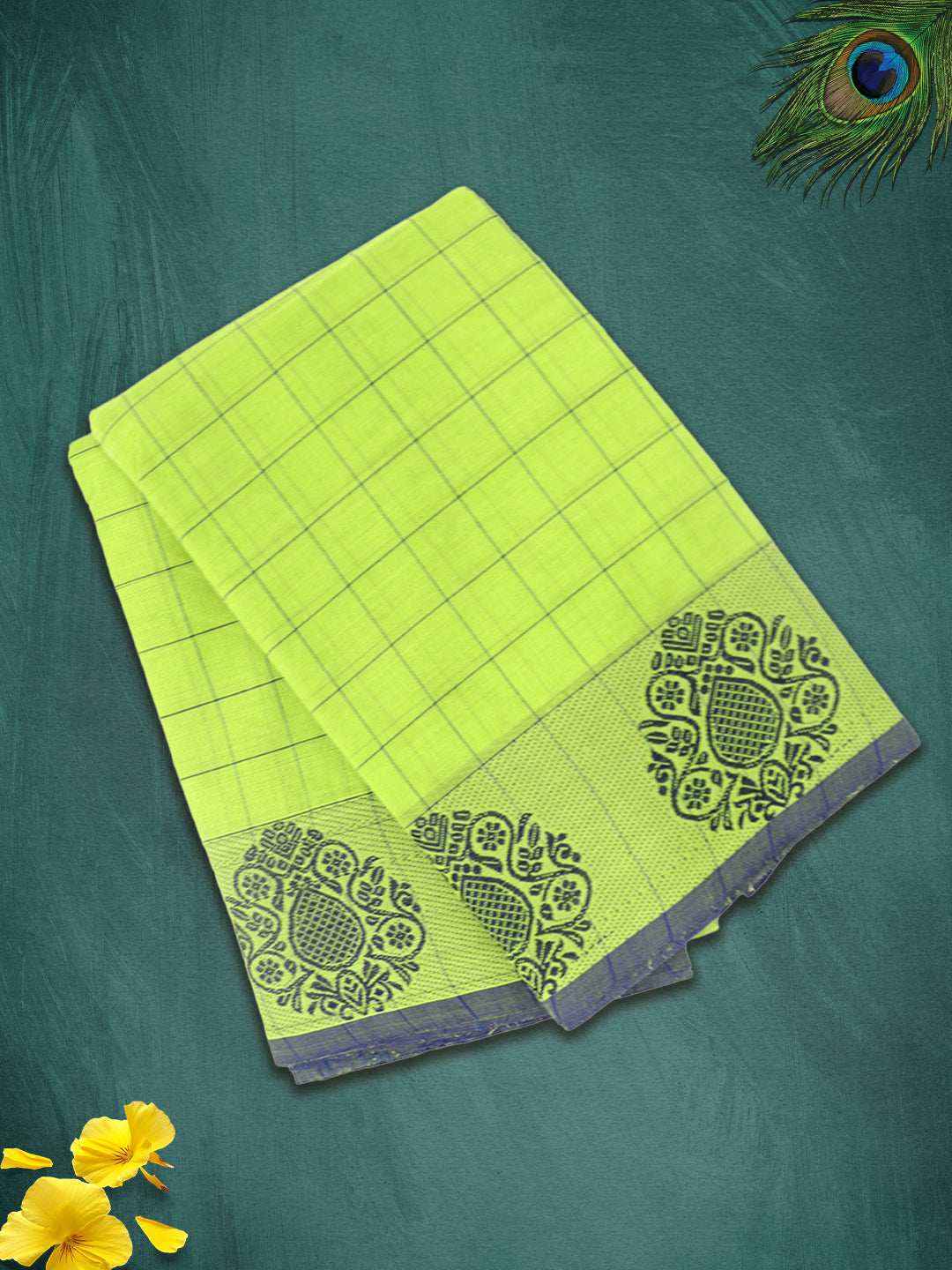 Women Parrot Green Checks Pure Chettinad Cotton Saree PCS222