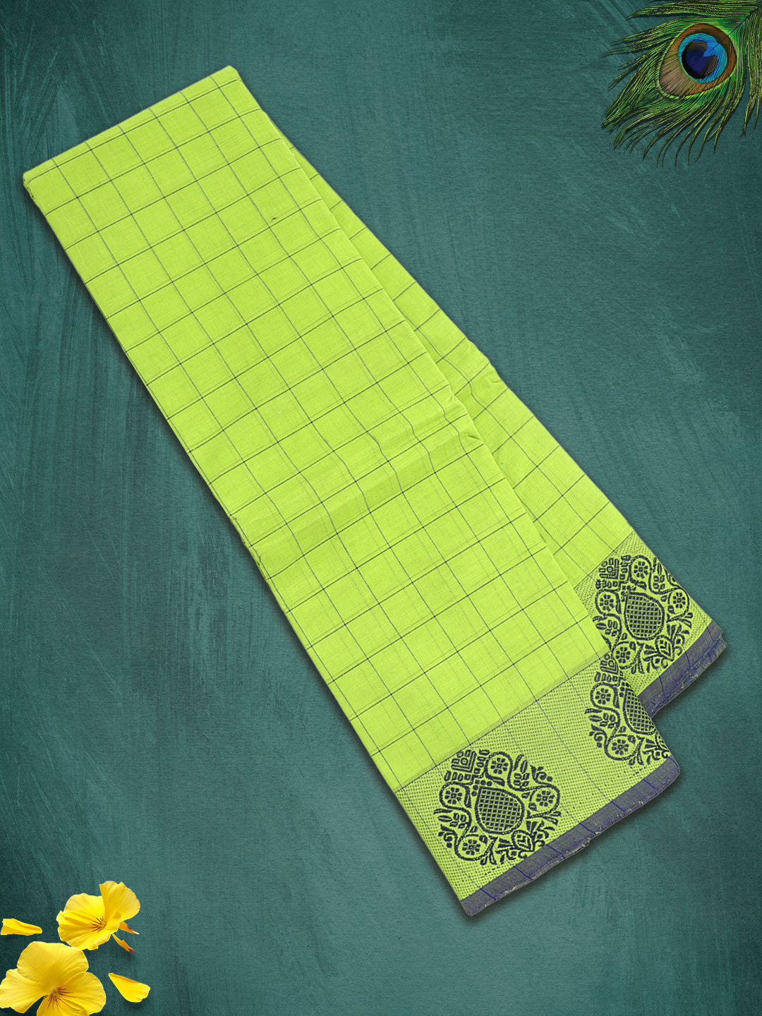 Women Parrot Green Checks Pure Chettinad Cotton Saree PCS222