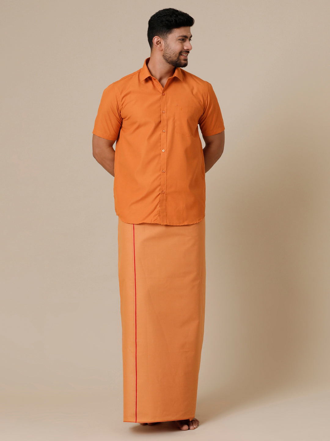 Men Devotional Half Sleeves Shirt & Dhoti Combo Kaavi