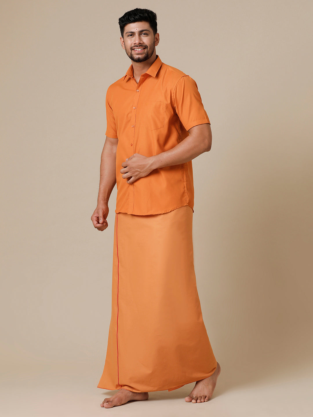 Men Devotional Half Sleeves Shirt & Dhoti Combo Kaavi