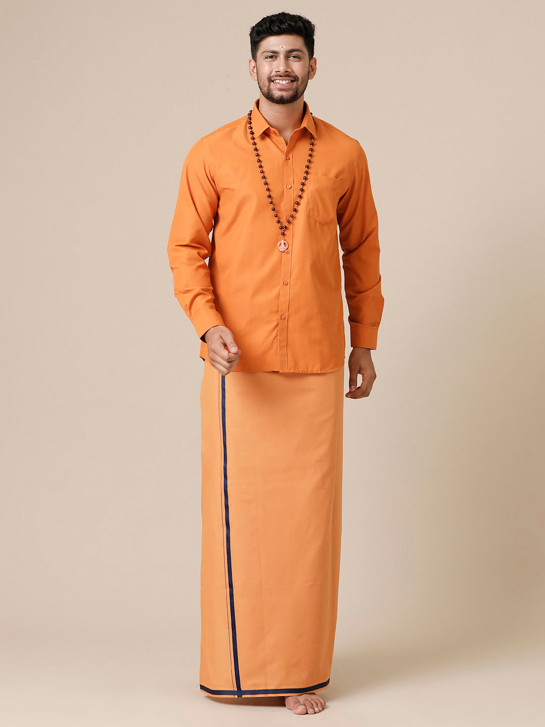 Mens Devotional Full Sleeve Shirt & Dhoti Combo Kavi
