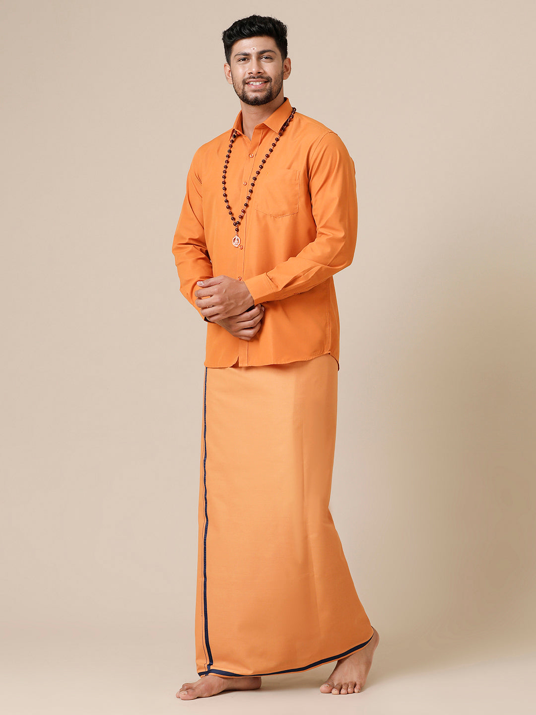 Men Devotional Full Sleeves Shirt & Dhoti Combo Kaavi