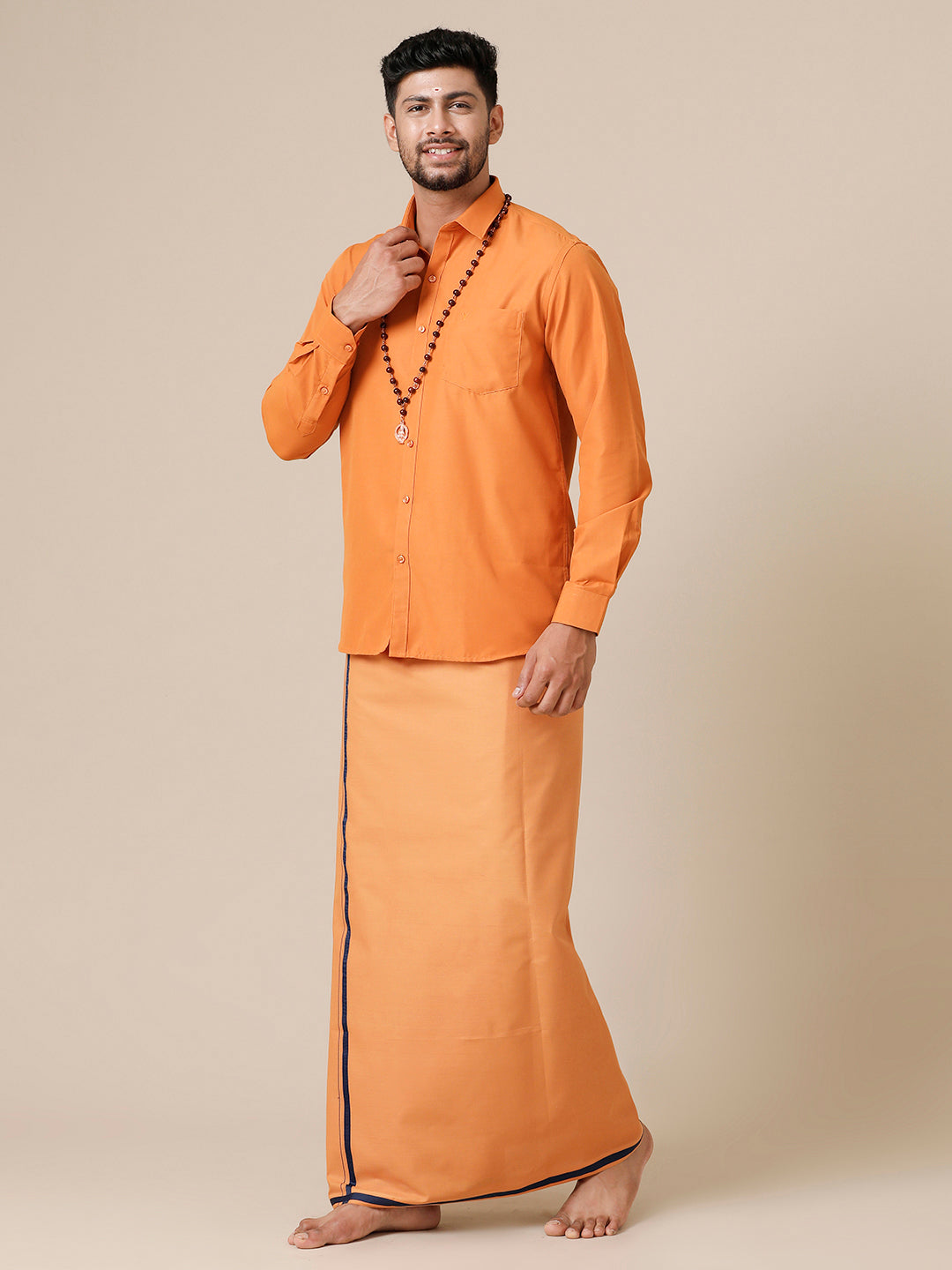 Men Devotional Full Sleeves Shirt & Dhoti Combo Kaavi