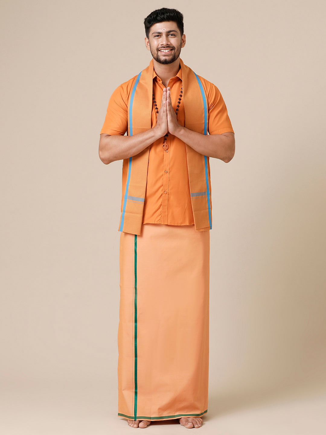 Mens Devotional Half Sleeve Shirt,Dhoti & Towel 3 in 1 Kaavi