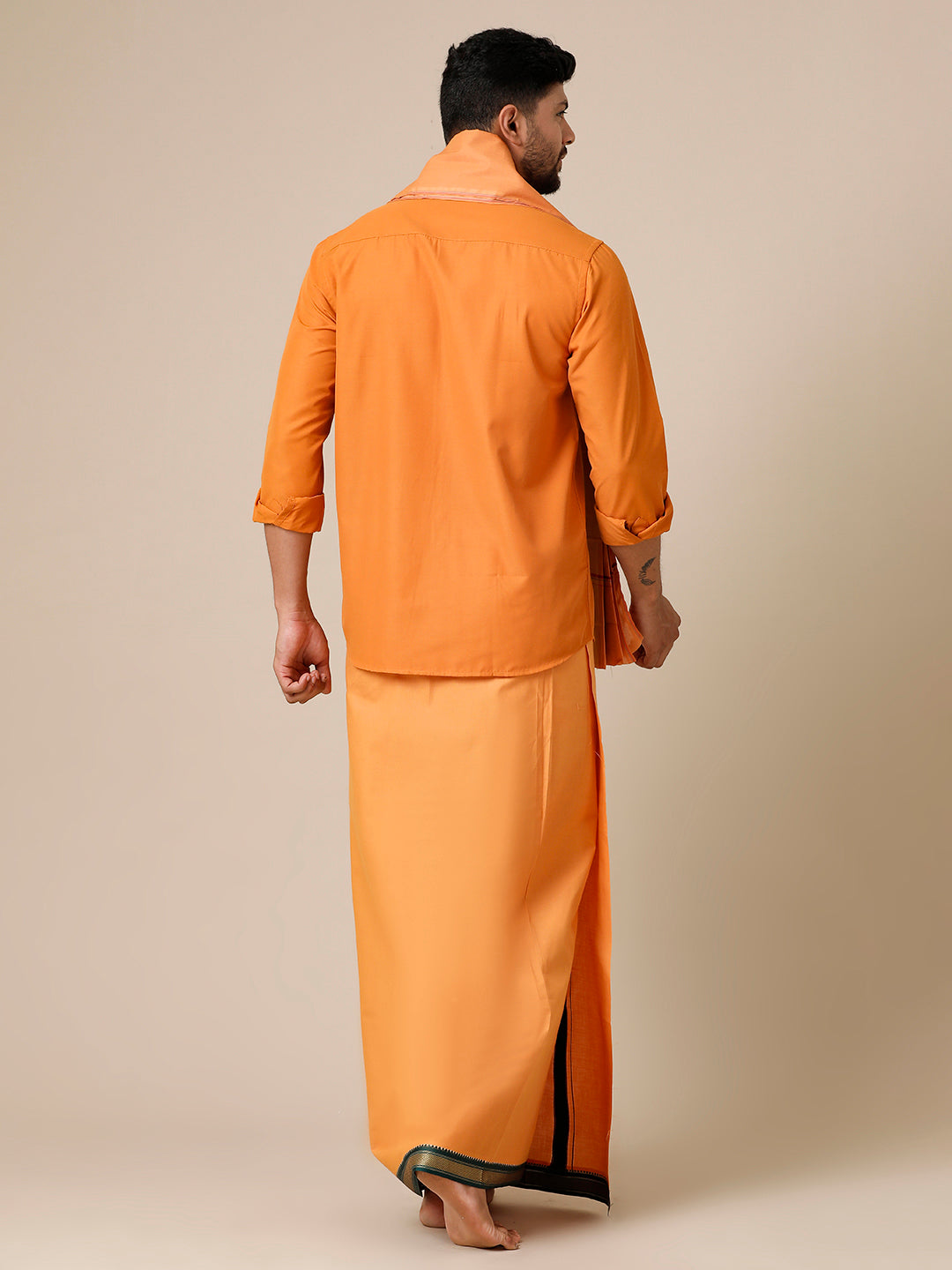 Mens Devotional Full Sleeve Shirt,Dhoti & Towel 3 in 1 Kavi