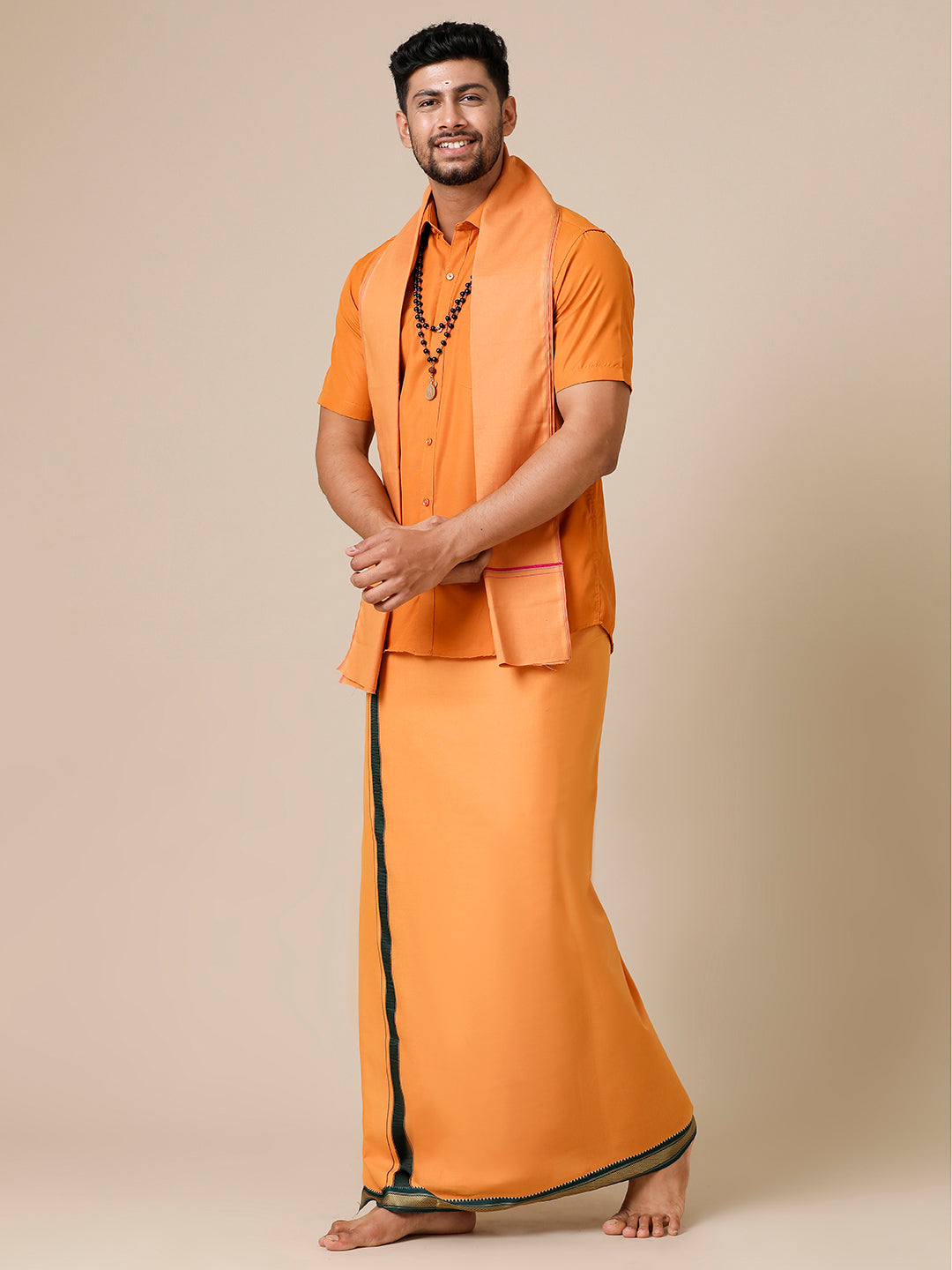 Mens Devotional Half Sleeve Shirt,Dhoti & Towel 3 in 1 Kavi