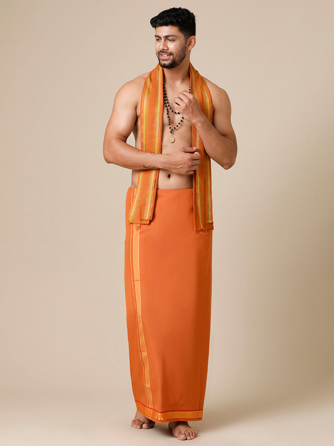 Men Cotton Blend Single Layer Kaavi Dhoti & Towel Set with Assorted Border