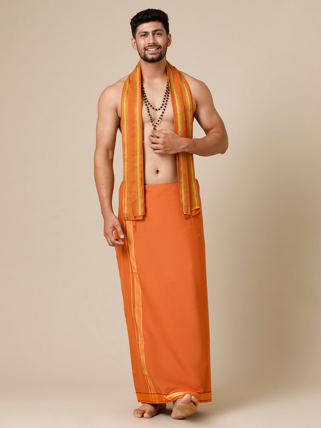 Men Cotton Blend Single Layer Kaavi Dhoti & Towel Set with Assorted Border