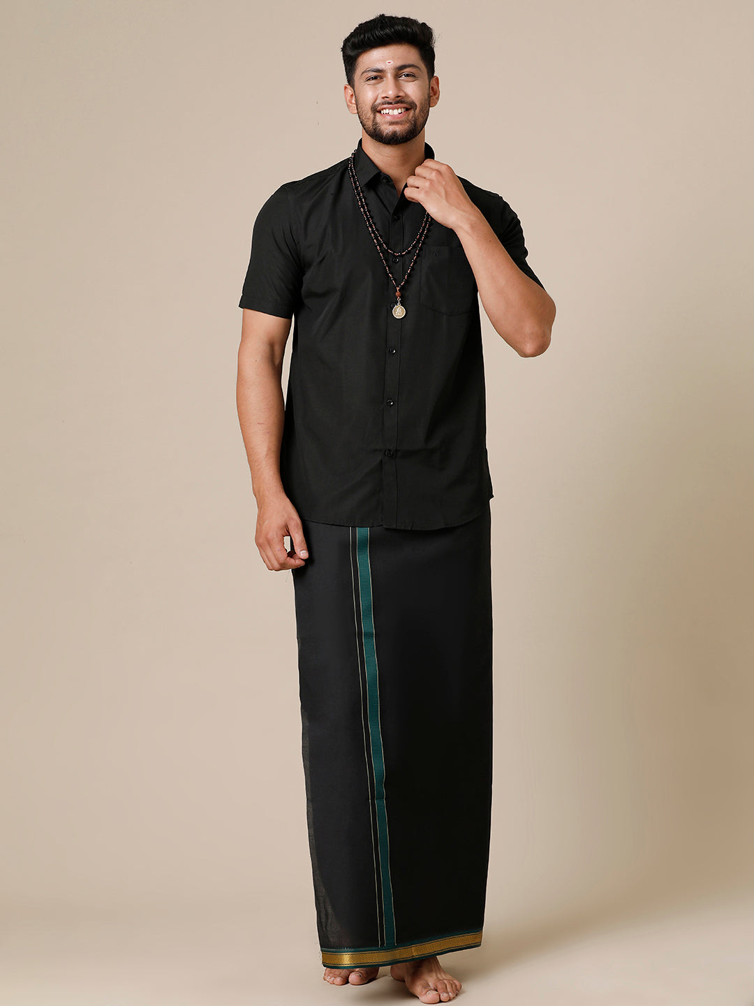 Men Devotional Half Sleeve Shirt & Dhoti Combo Brindhavan Black