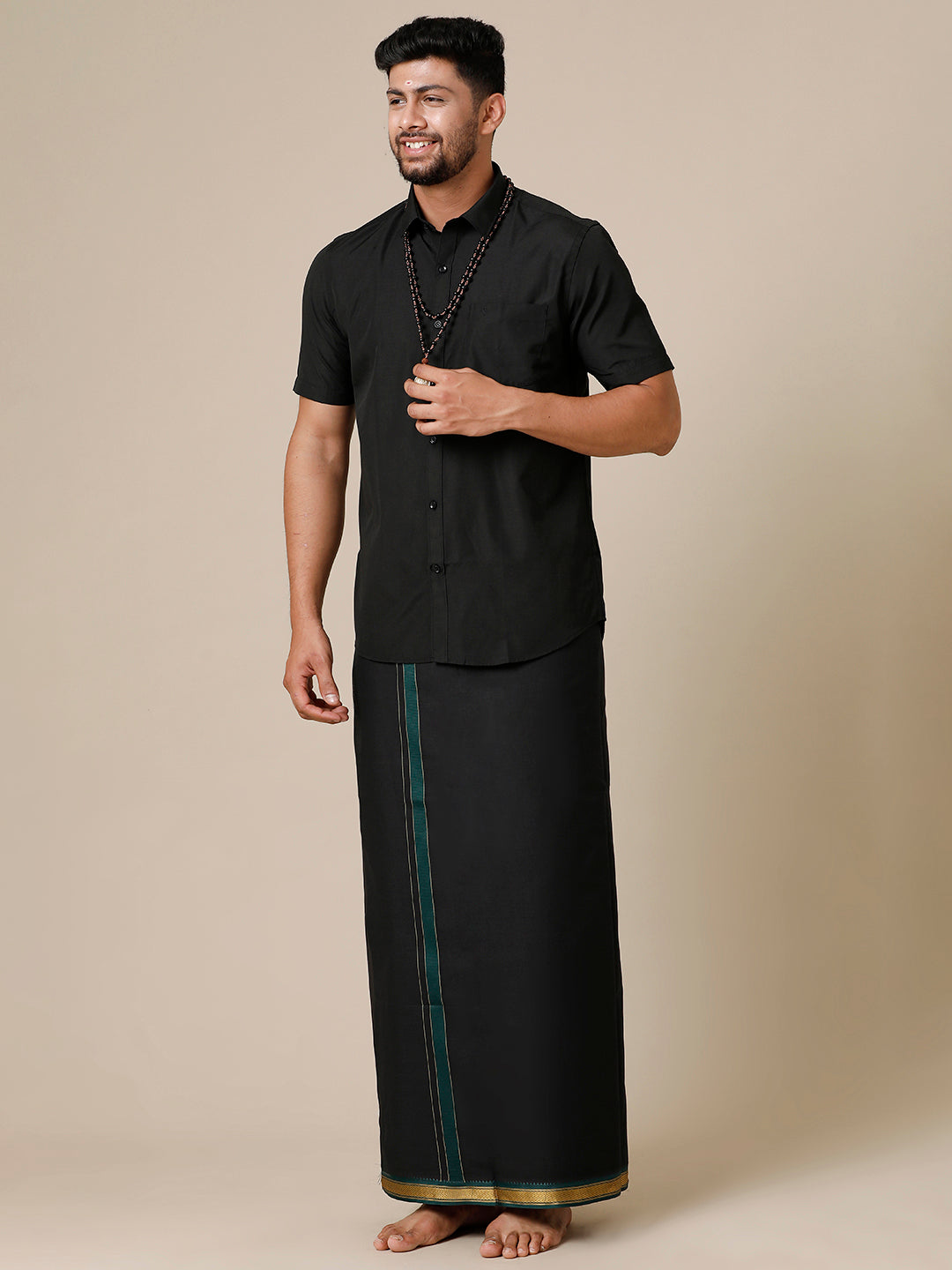 Men Devotional Half Sleeve Shirt & Dhoti Combo Brindhavan Black