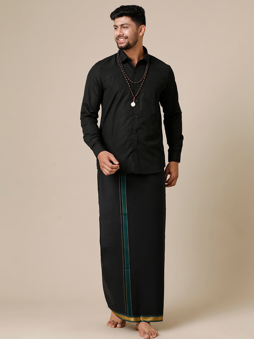 Men Devotional Full Sleeve Shirt & Dhoti Combo Brindhavan Black