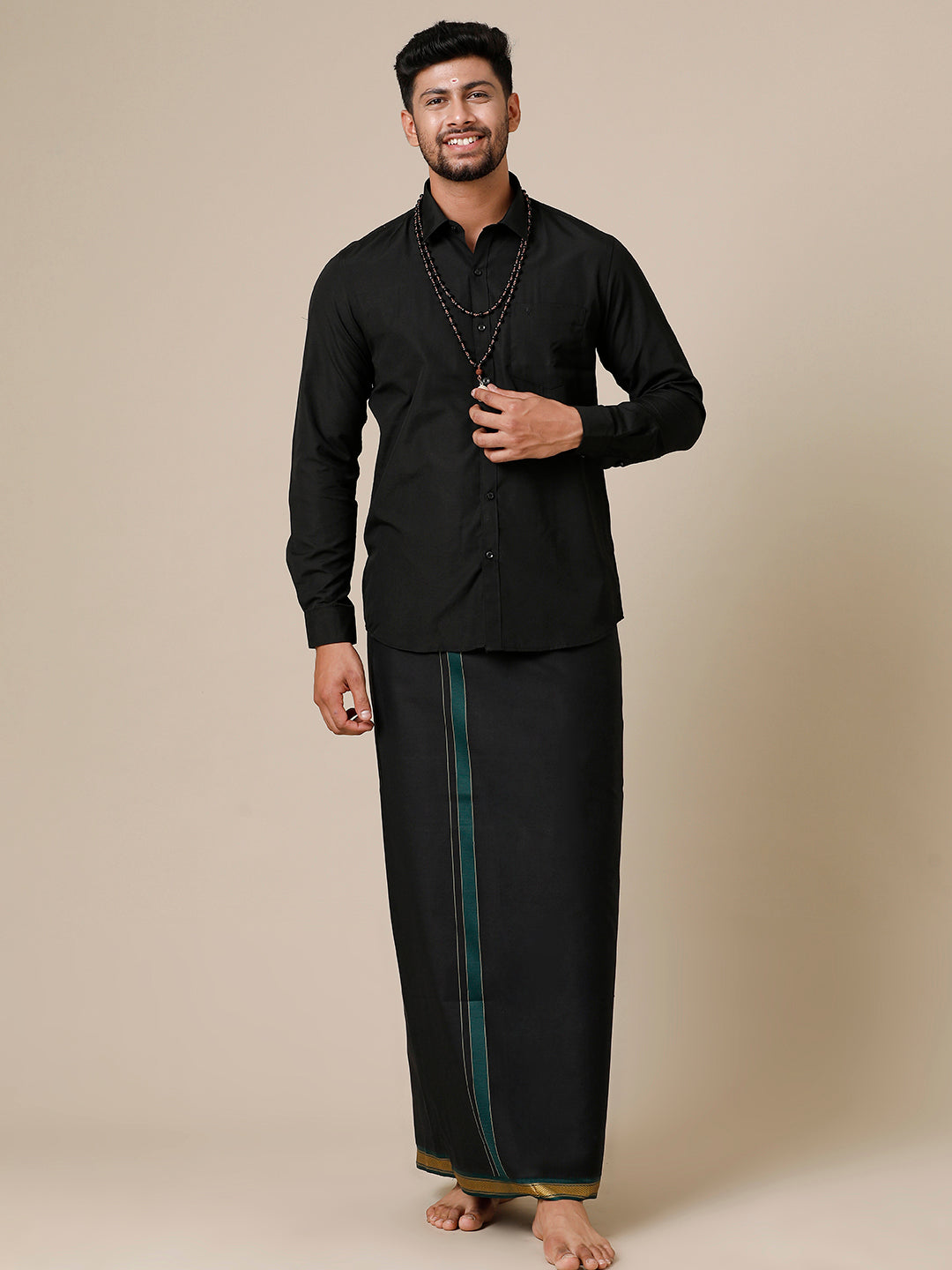 Mens Devotional Full Sleeve Shirt & Dhoti Combo Brindhavan Black